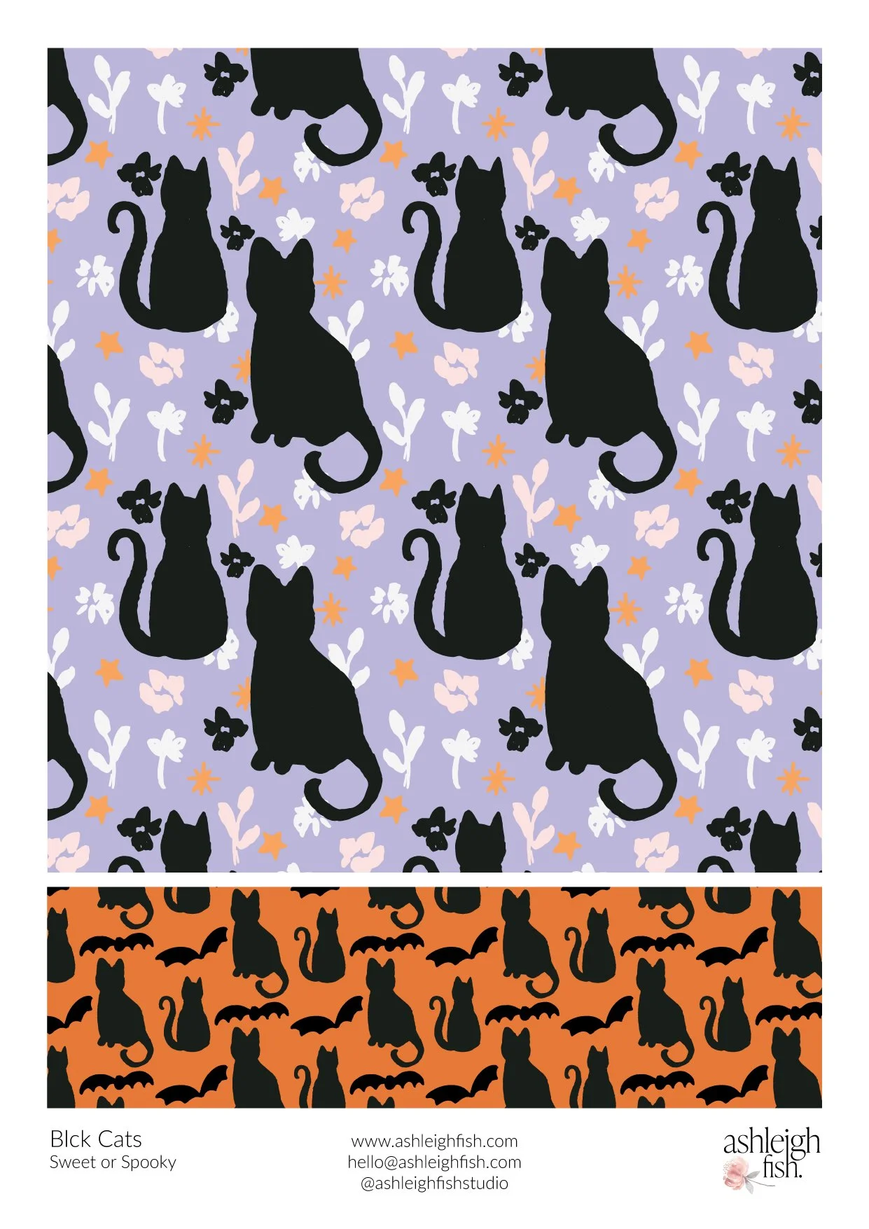 Pattern with black cat silhouettes on purple background with flowers and stars, and black cats with bats on orange background.