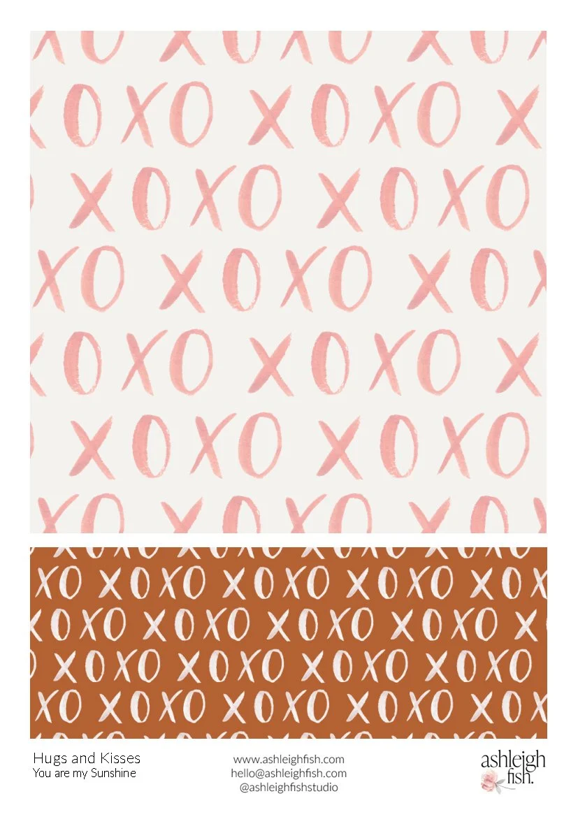 Pattern of "XOXO" in pink and brown on white background, with "Hugs and Kisses" and contact information below.