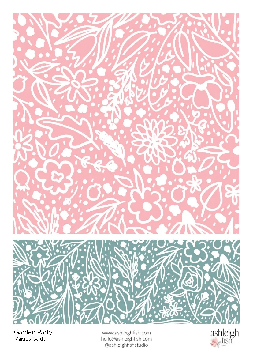 Floral pattern with pink and teal backgrounds, featuring white line drawings of various flowers and leaves.