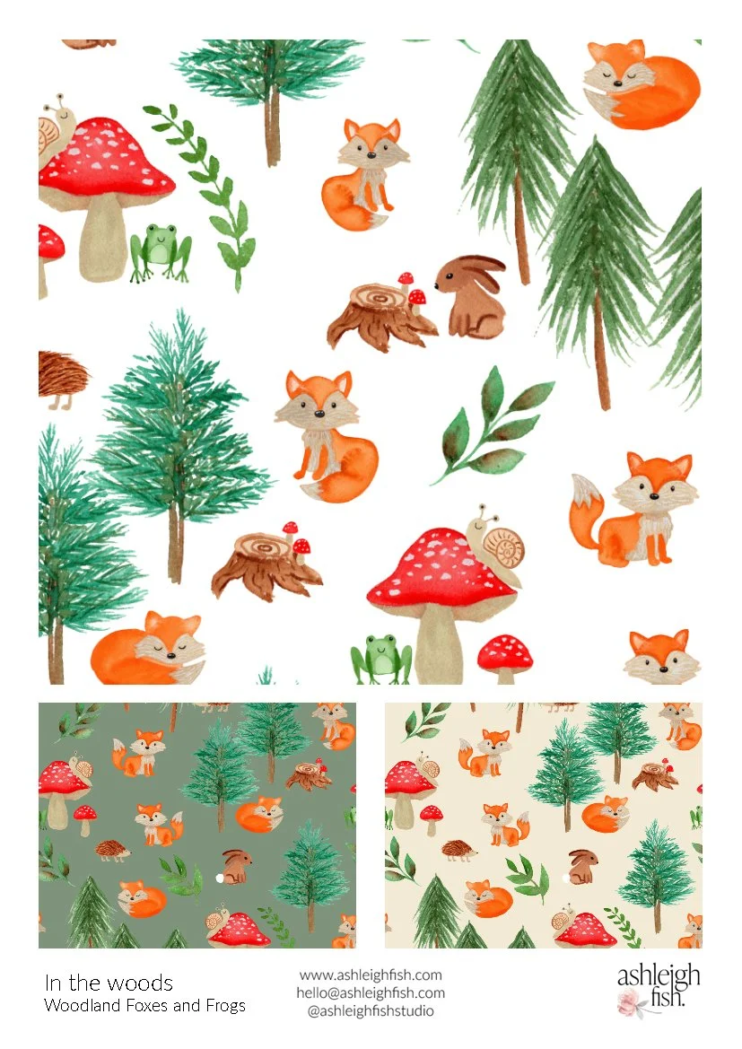 Pattern featuring woodland creatures such as foxes, frogs, snails, and rabbits, with trees, mushrooms, and leaves. Two smaller versions of the pattern are shown with different background colors.