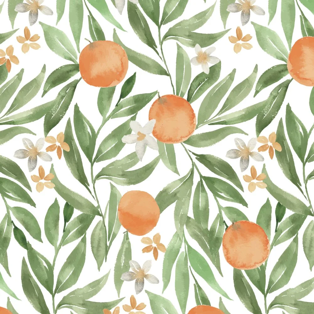Watercolor pattern of oranges, green leaves, and white flowers
