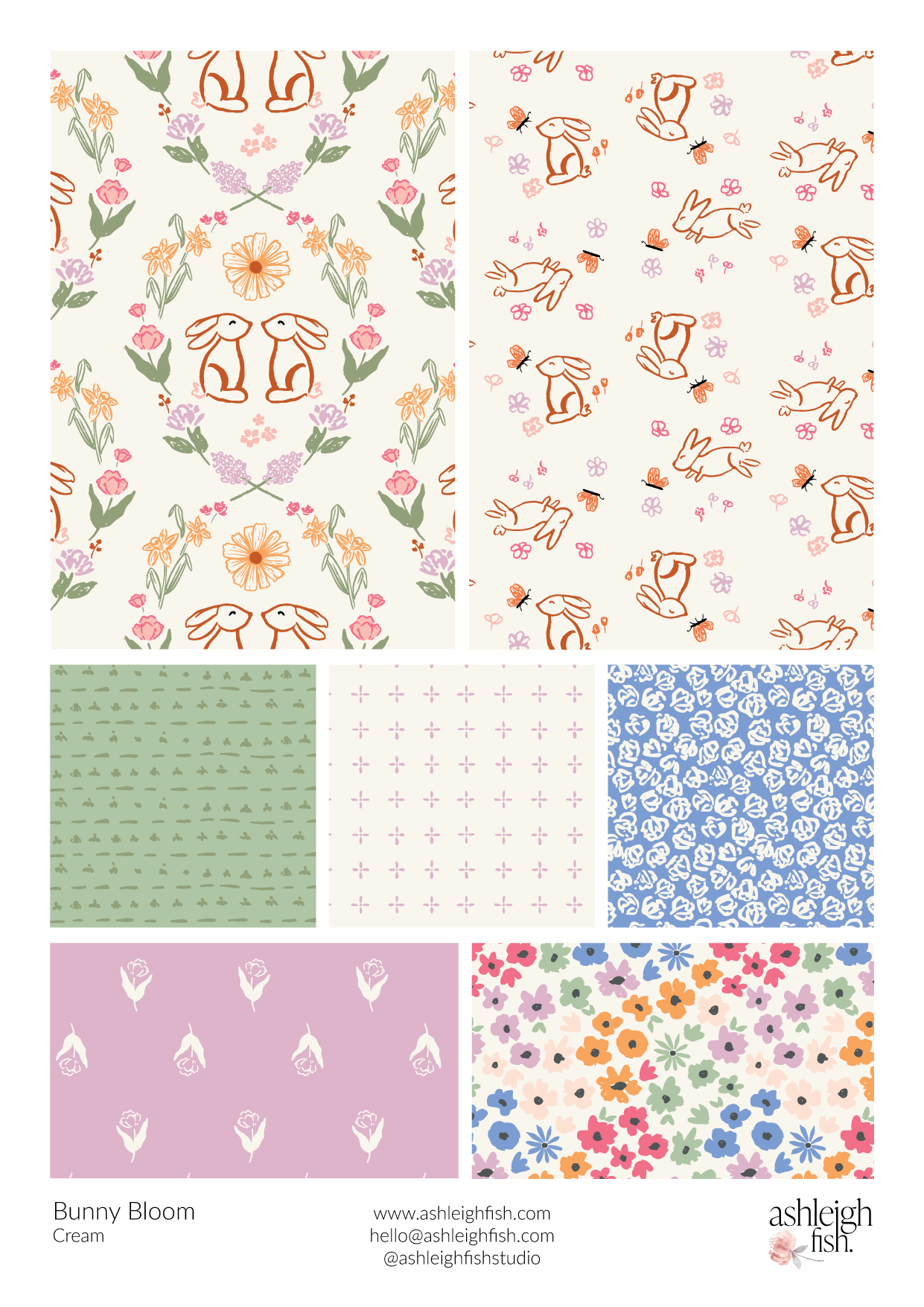 Collection of seven colorful floral and rabbit-themed patterns, including intricate designs with flowers, rabbits, and abstract shapes in various pastel shades, labeled ‘Bunny Bloom Cream’ by Ashleigh Ffsh.