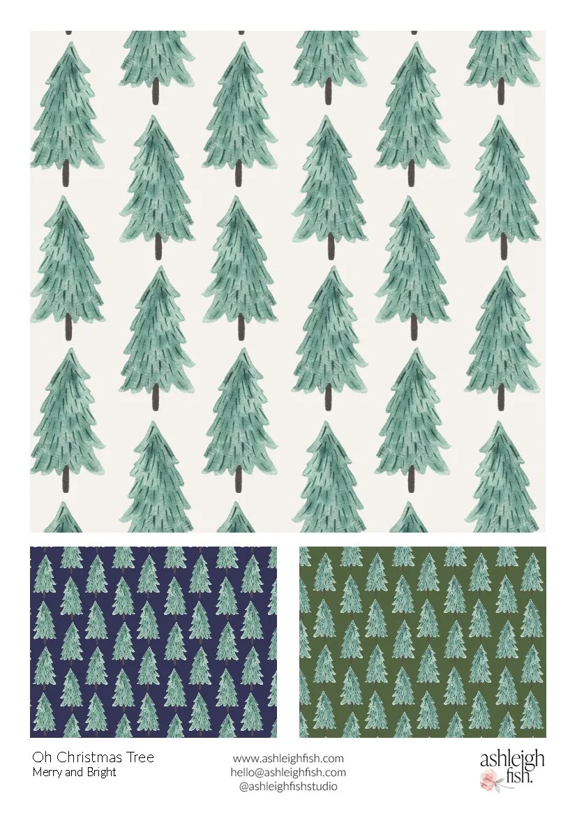 Pattern design featuring rows of stylized Christmas trees on white, blue, and green backgrounds. Includes text: 'Oh Christmas Tree, Merry and Bright' and contact information for Ashleigh Fish.