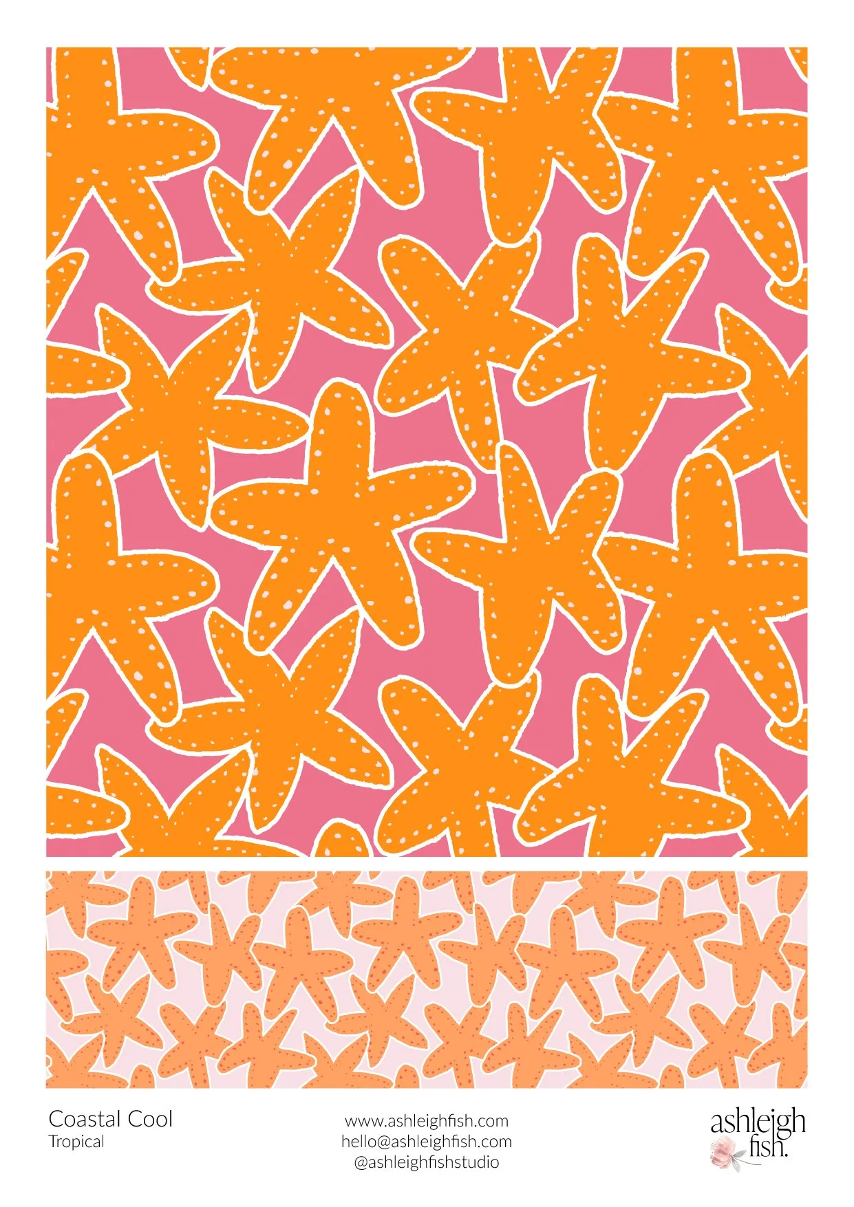 Seamless pattern design featuring orange starfish on pink and peach backgrounds.
