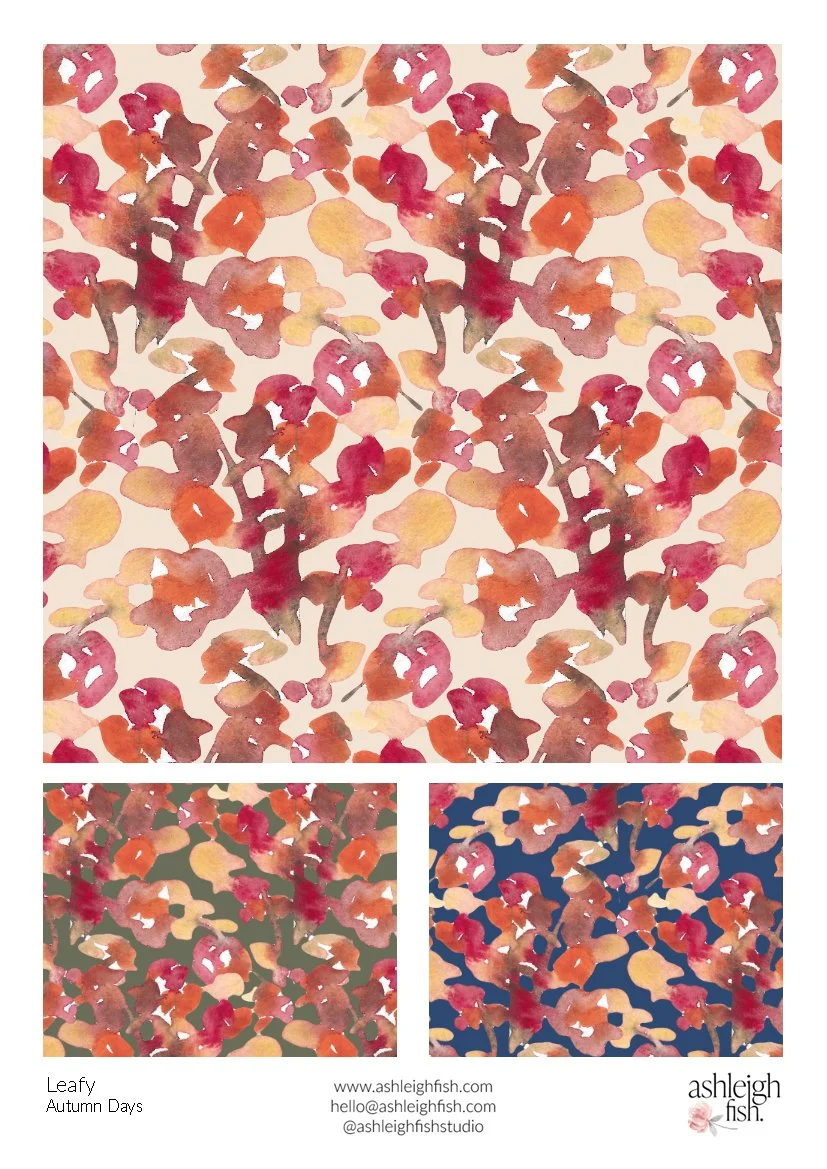 Watercolor leaf patterns in autumn colors on beige, green, and blue backgrounds.