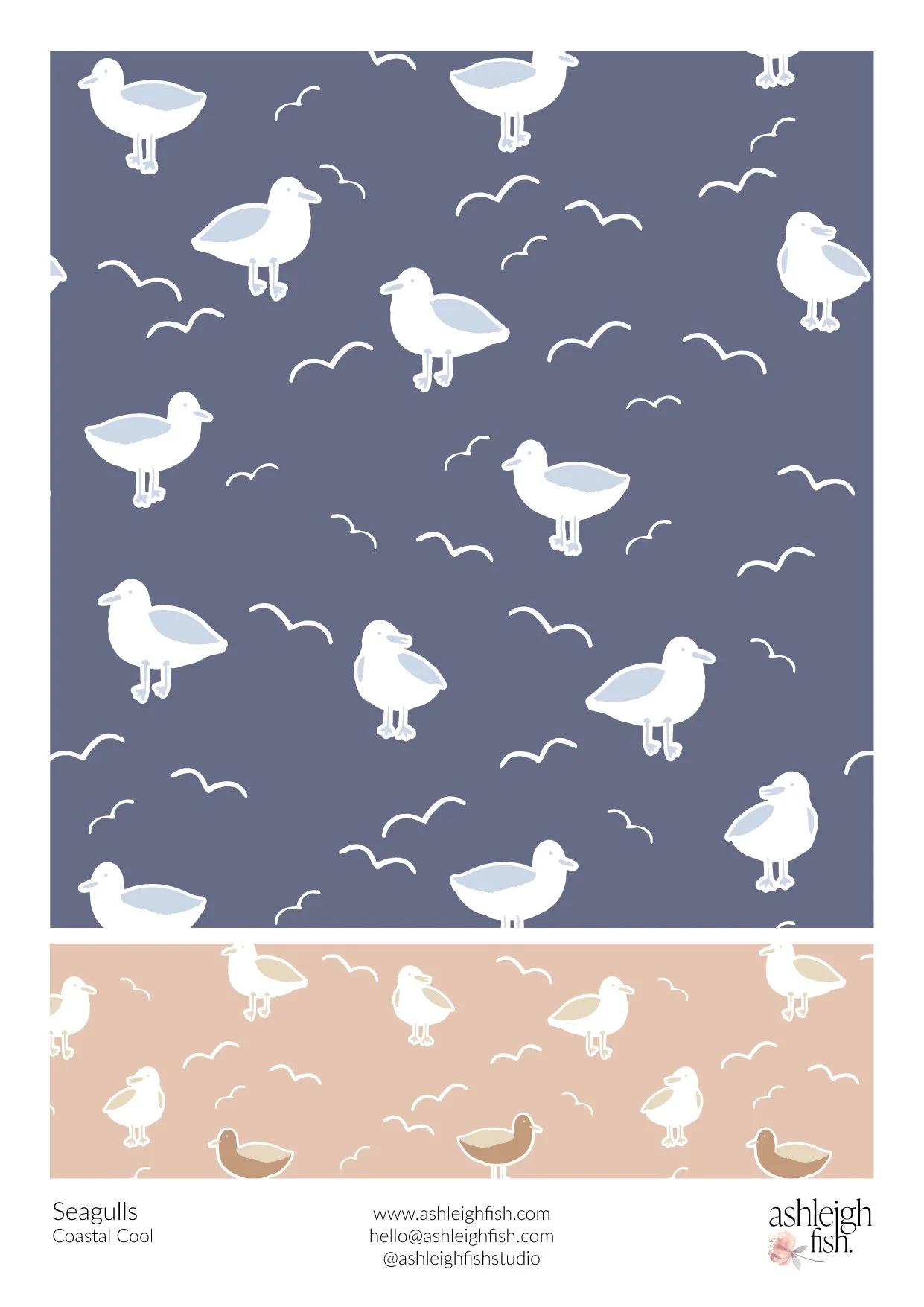 Seagull pattern design on blue and beige background with white line accents, by Ashleigh Fish.