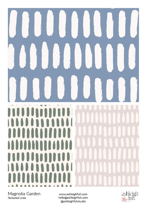 Three patterned designs featuring textured vertical lines in different colors: blue with white lines, green with dark green lines, and beige with light beige lines. The designs are from Ashleigh Fish's "Magnolia Garden" collection.
