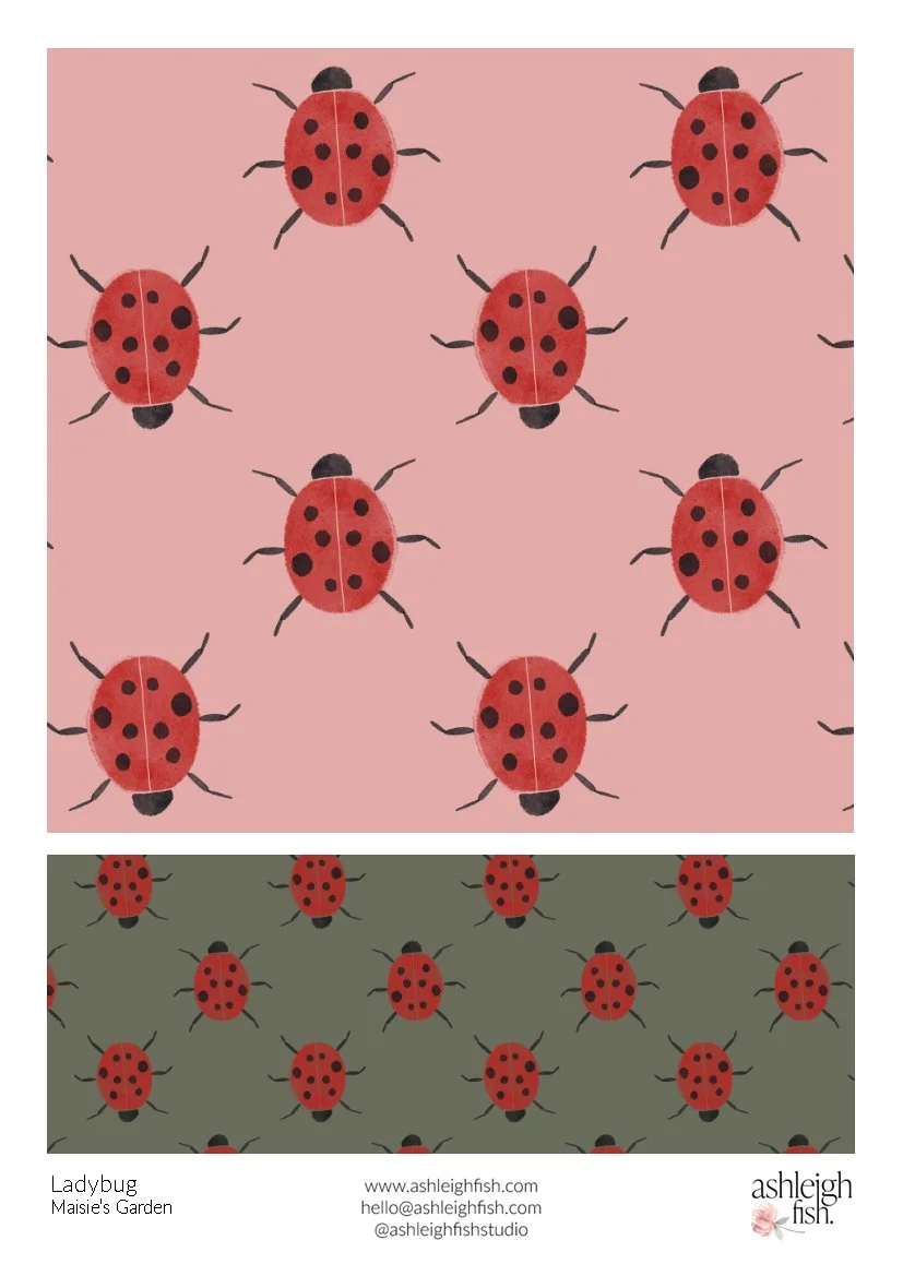 Ladybug pattern on pink and green backgrounds by Ashleigh Fish.