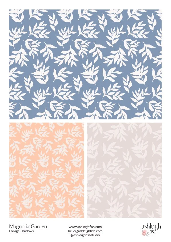Three foliage pattern designs on blue, peach, and gray backgrounds by Ashleigh Fish.