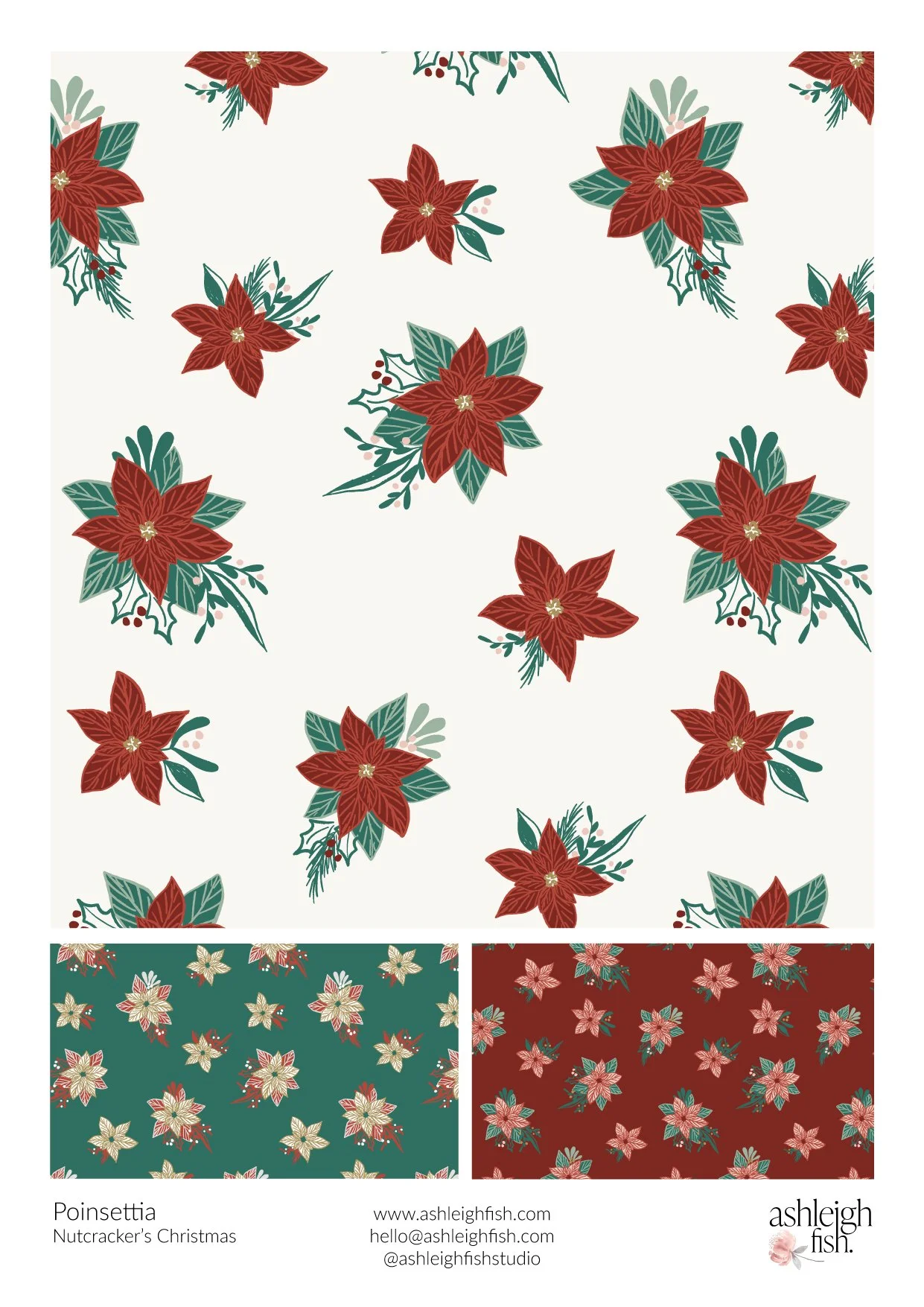 Pattern featuring red poinsettia flowers with green leaves on a cream background, part of a collection called 'Nutcracker's Christmas' by Ashleigh Fish.