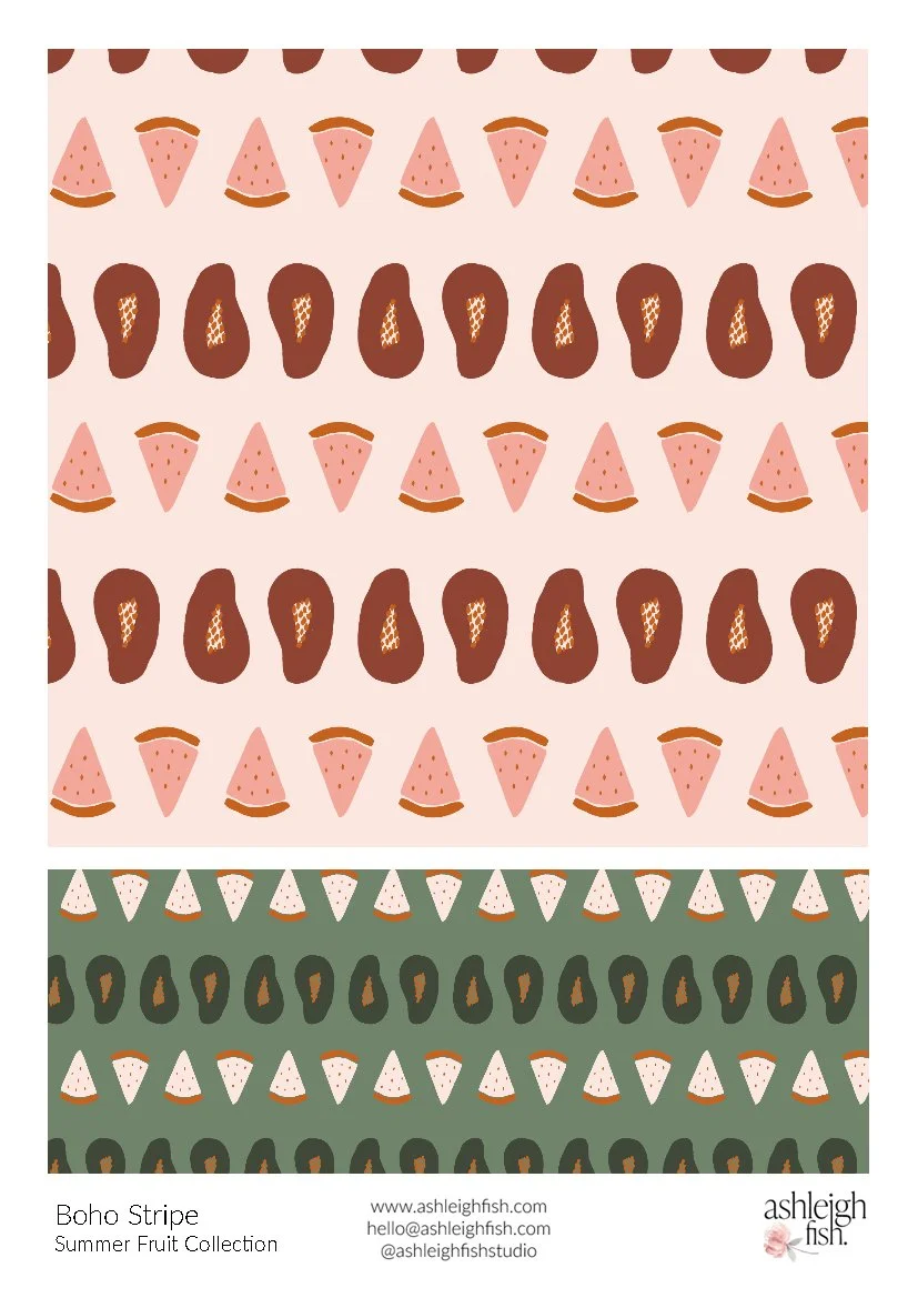 Pattern featuring stylized watermelon slices and avocado halves in boho style.