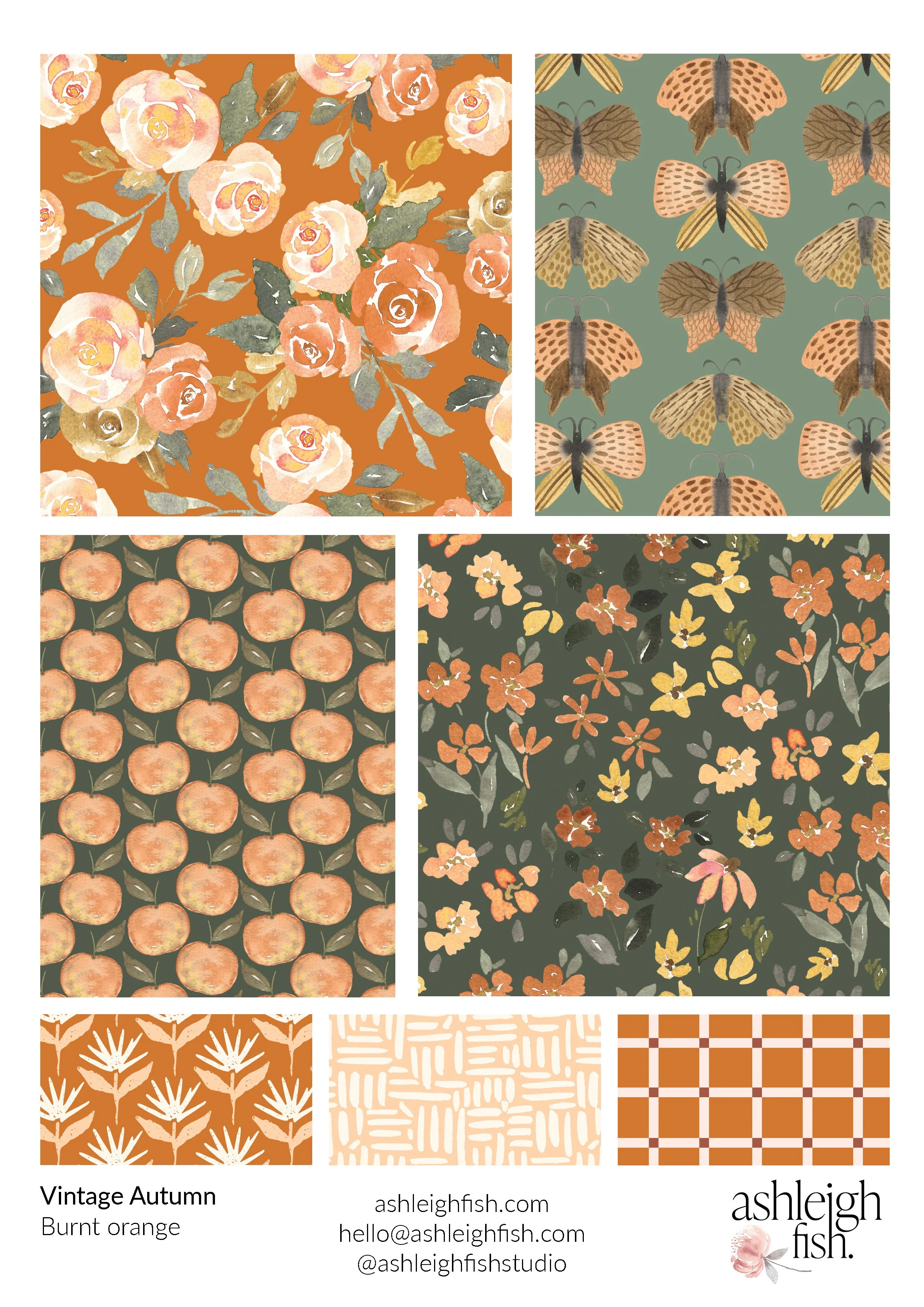 Collection of six vintage autumn patterns featuring florals, butterflies, and geometric designs in burnt orange and green hues by Ashleigh Fish.