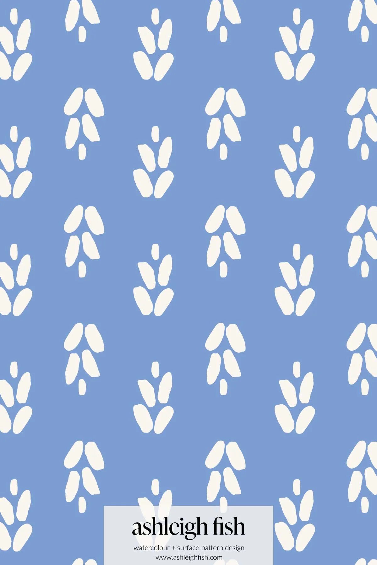 Blue background with white abstract shapes pattern, featuring the name Ashleigh Fish.