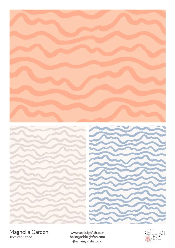 Textured stripe pattern samples in peach, beige, and blue, labeled "Magnolia Garden."