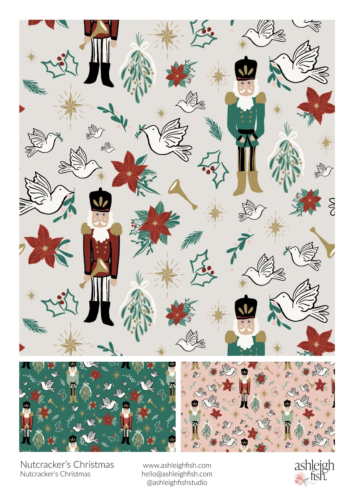 Pattern with nutcrackers, poinsettias, doves, holly, and mistletoe.