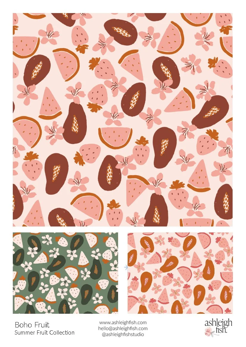 Boho fruit pattern with strawberries, papayas, and flowers in pink and brown hues from the Summer Fruit Collection by Ashleigh Hfish. Includes green and pink background variations.