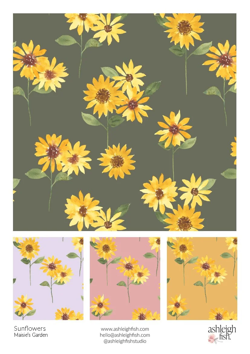 Sunflower patterns on green, purple, pink, and yellow backgrounds by Ashleigh Fish with contact information displayed.