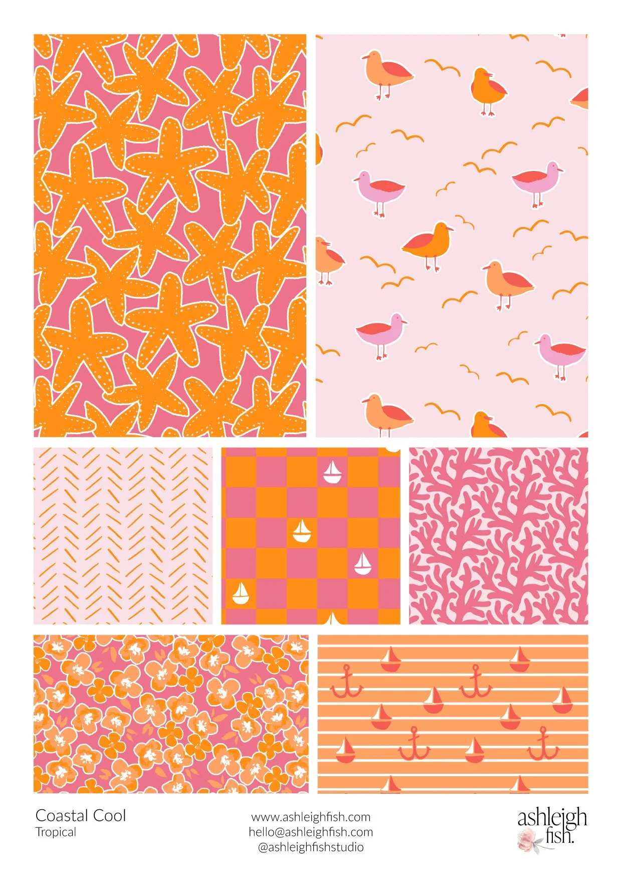 Collage of coastal-themed patterns including starfish, birds, coral, floral designs, anchors, and sailboats in pink, orange, and peach hues.