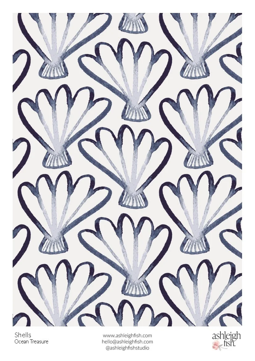 Pattern of blue seashell shapes on a white background.