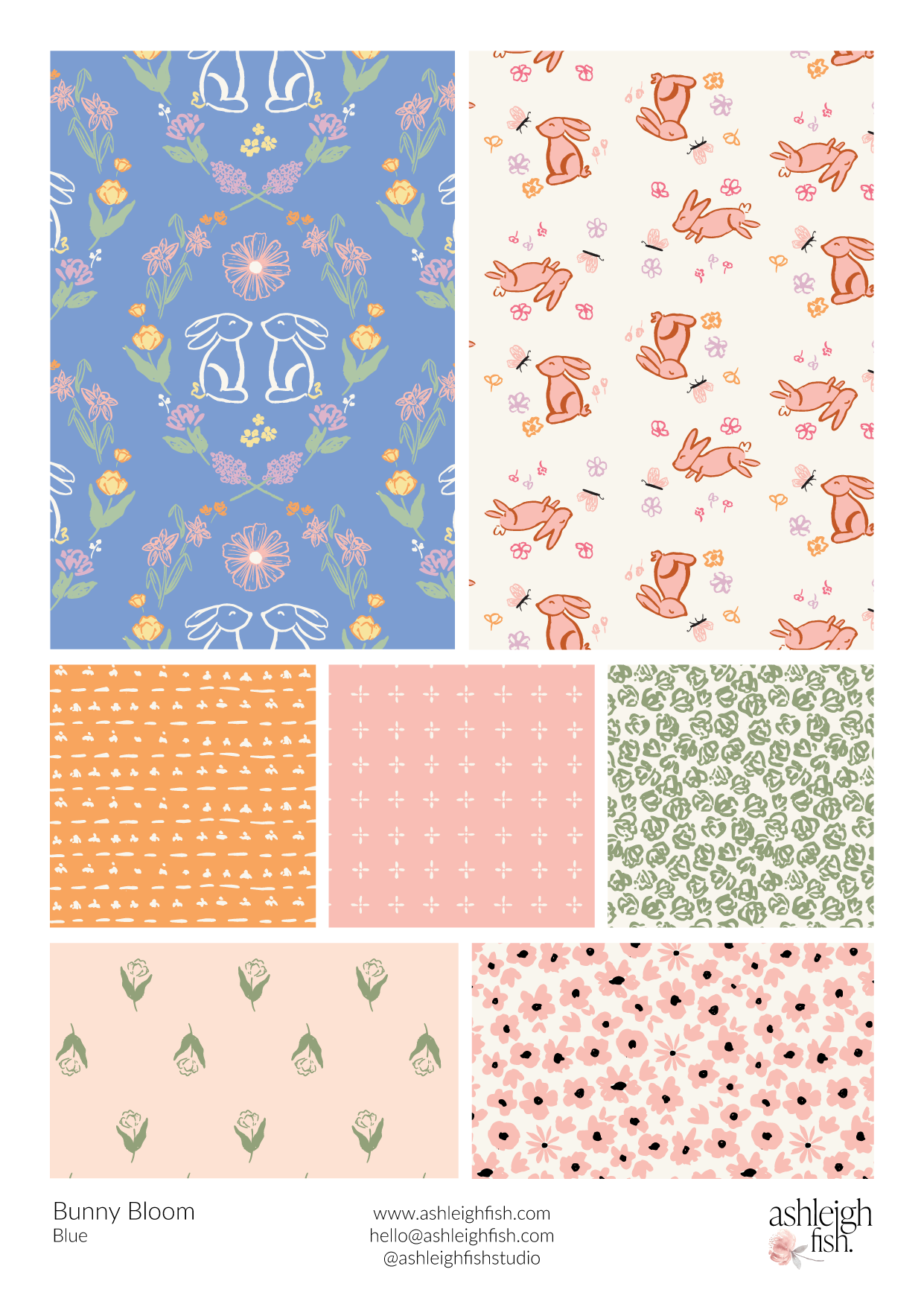 Collage of colorful floral and bunny-themed patterns, including blue with flowers and bunnies, pink with floral designs, and orange with small white bunnies.
