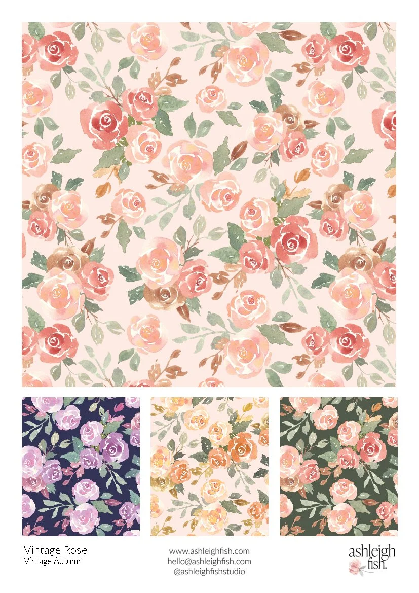 Vintage rose floral patterns in watercolor style, featuring different color variations, created by Ashleigh Fish for "Vintage Rose, Vintage Autumn" collection.