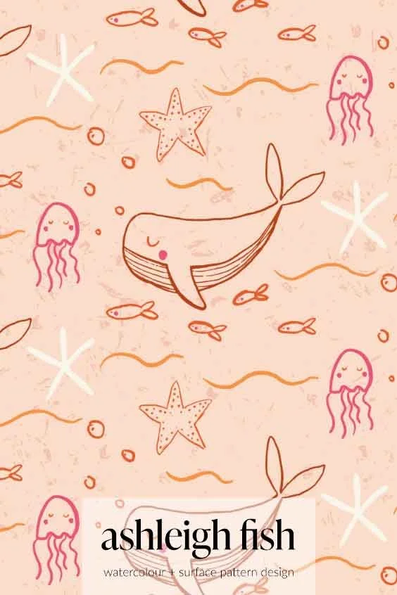 Playful orange and pink ocean-themed pattern with whales, jellyfish, fish, and starfish on a peach background.