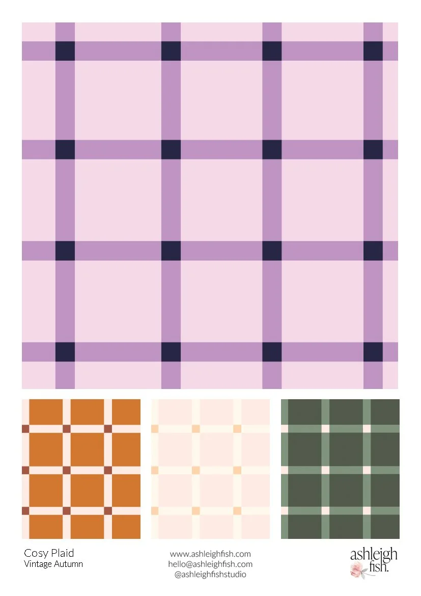 Plaid patterns in various colors including pink, orange, cream, and green. The main pattern is a large pink plaid with darker grid lines. Below are three smaller plaid samples in orange, cream, and green. Design by Ashleigh Fish labeled "Cosy Plaid V