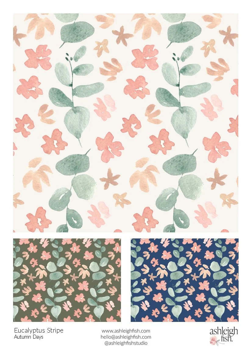 Floral pattern with eucalyptus leaves and autumn colors, including green, coral, and beige on light backgrounds. Smaller variations show similar designs on dark backgrounds."