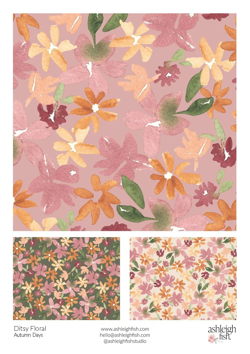 Stylized floral pattern with abstract flowers and leaves in autumn colors, featuring variations in pink, orange, yellow, and green hues.