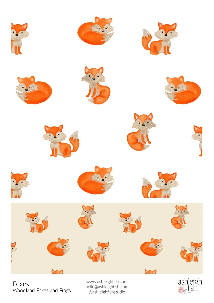 Pattern featuring illustrated orange foxes in various poses on a white background.