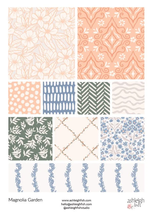Collection of floral and geometric patterns in pastel colors, including peach, blue, and green motifs with flowers, polka dots, and waves.