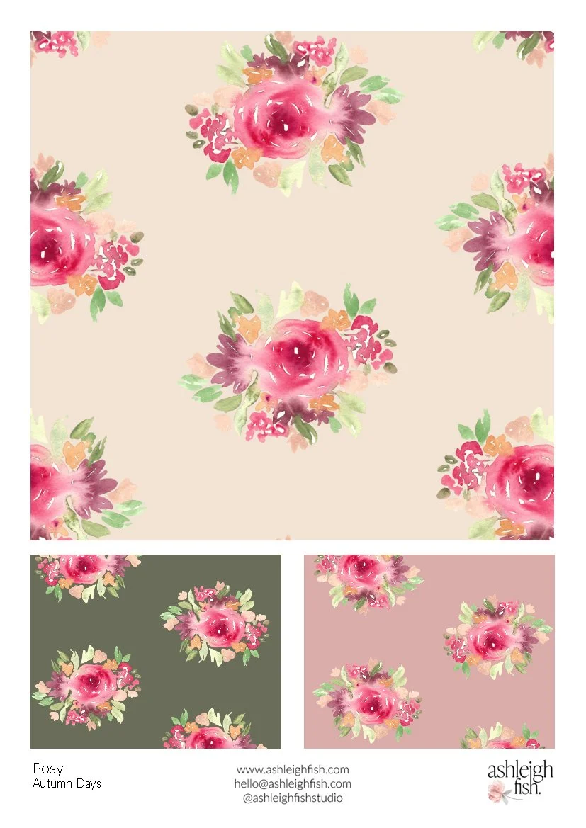 Floral pattern design with watercolor flowers in shades of pink, red, and green on light beige, olive green, and dusty pink backgrounds, labeled as "Posy Autumn Days" by Ashleigh Fish.