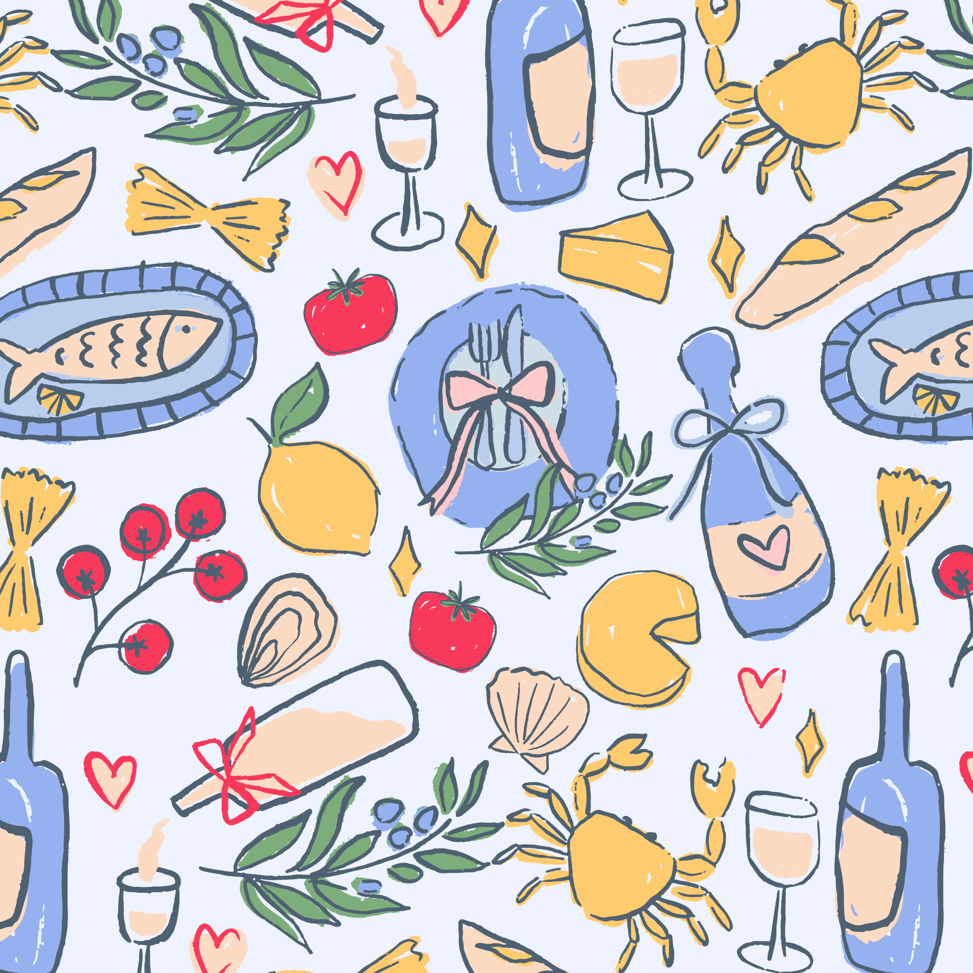 Seamless pattern with seafood, wine, and vegetables doodles, including fish, pasta, crab, lemon, tomato, cheese, wine glasses, and baguettes on a light background.