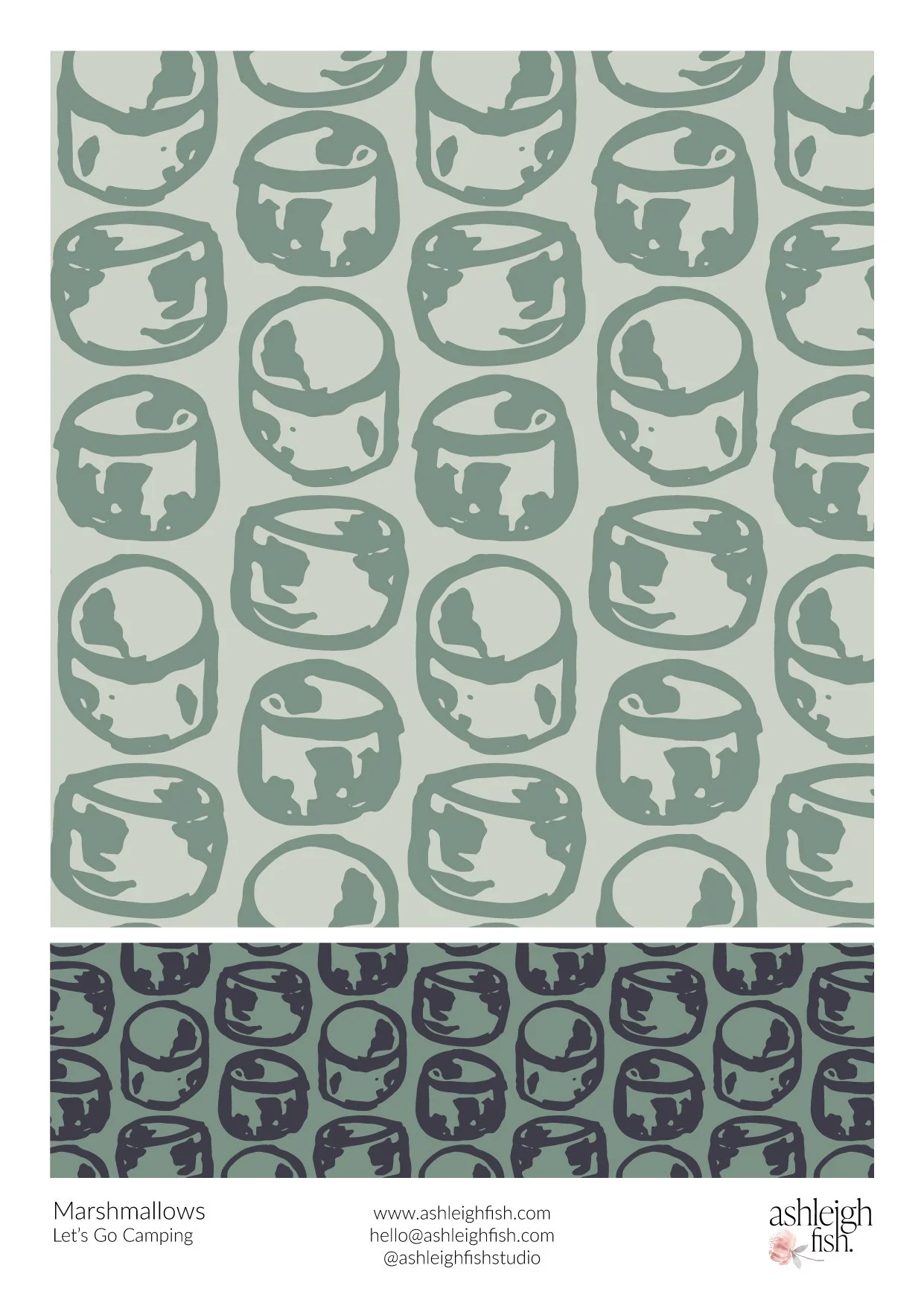 Pattern with abstract marshmallow illustrations in green shades.