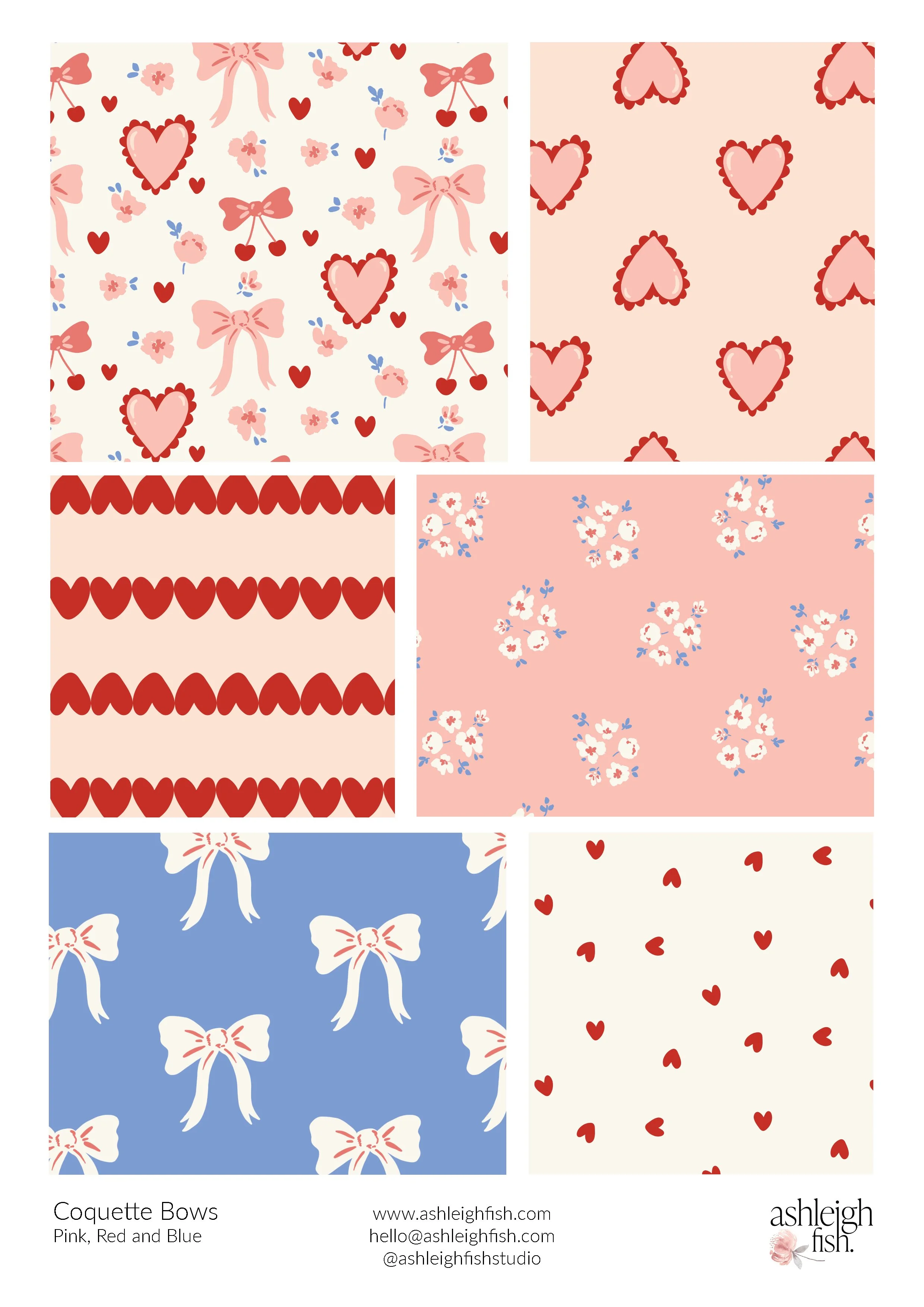 Collage of six design patterns featuring hearts, bows, and flowers in pink, red, and blue hues on various background colors.