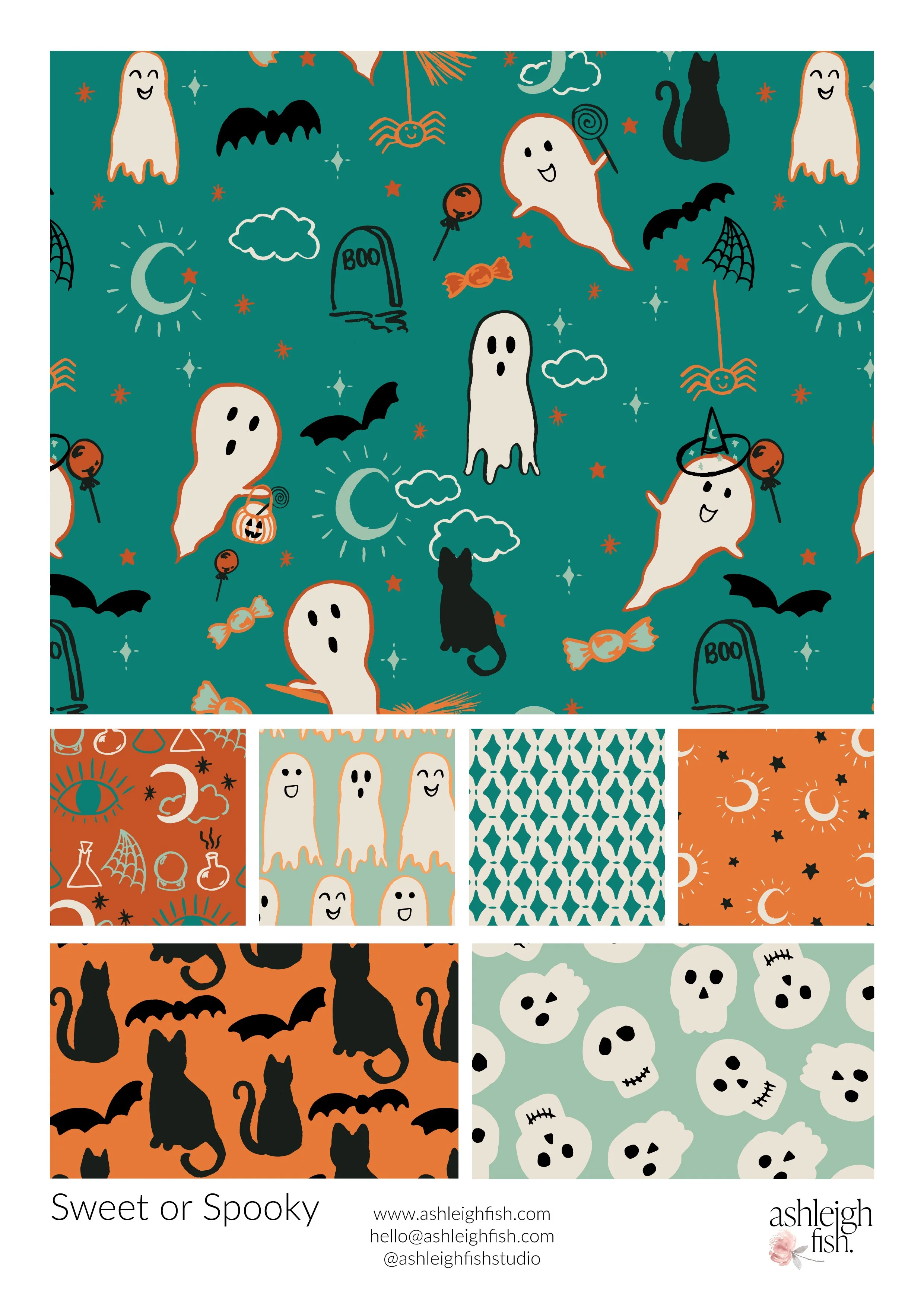 Halloween-themed pattern design featuring ghosts, bats, black cats, moons, stars, candies, and tombstones in orange and teal colors. Includes email and social media contact information for Ashleigh Fish.