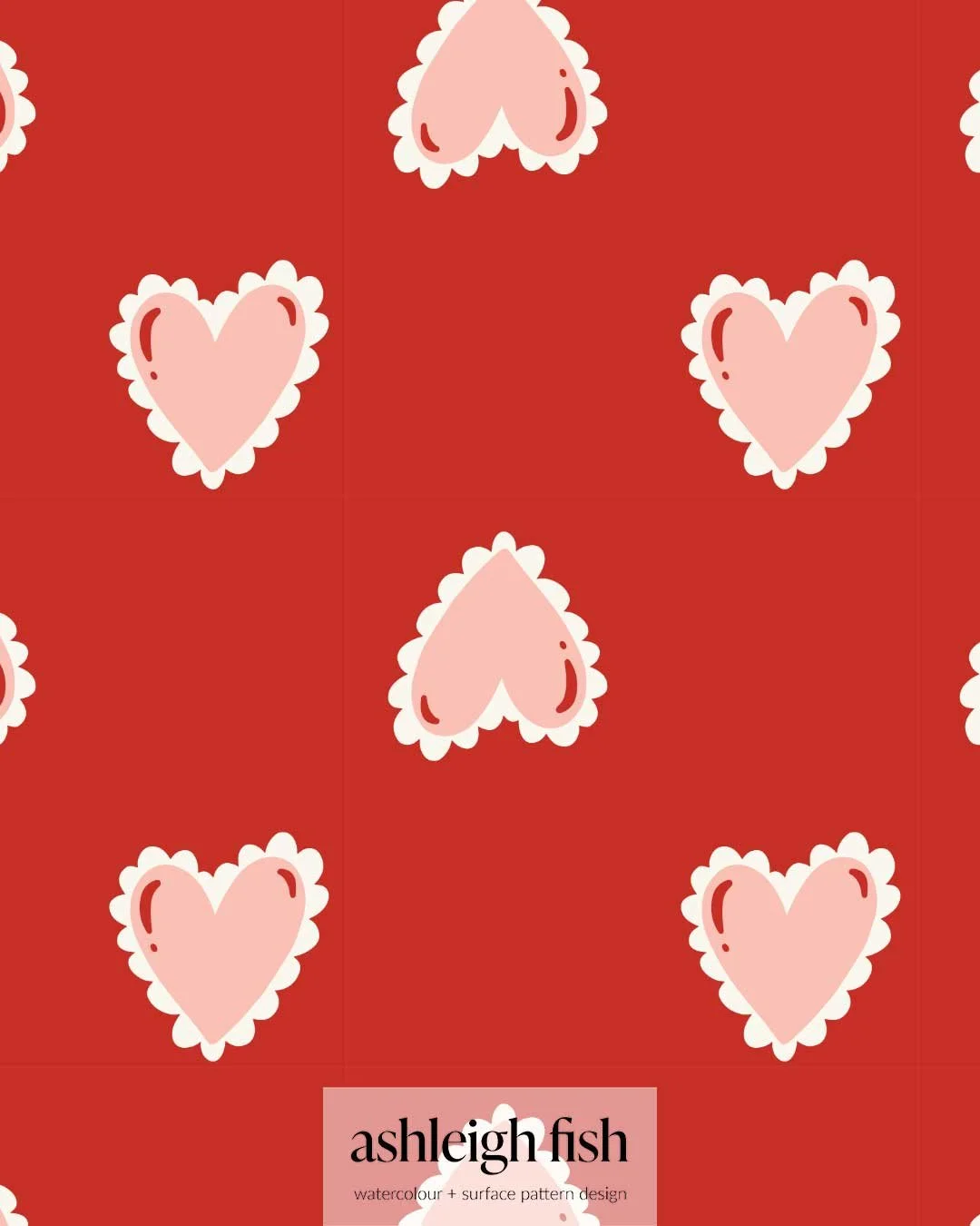 Pattern of pink hearts with white scalloped edges on a red background, designed by Ashleigh Fish.