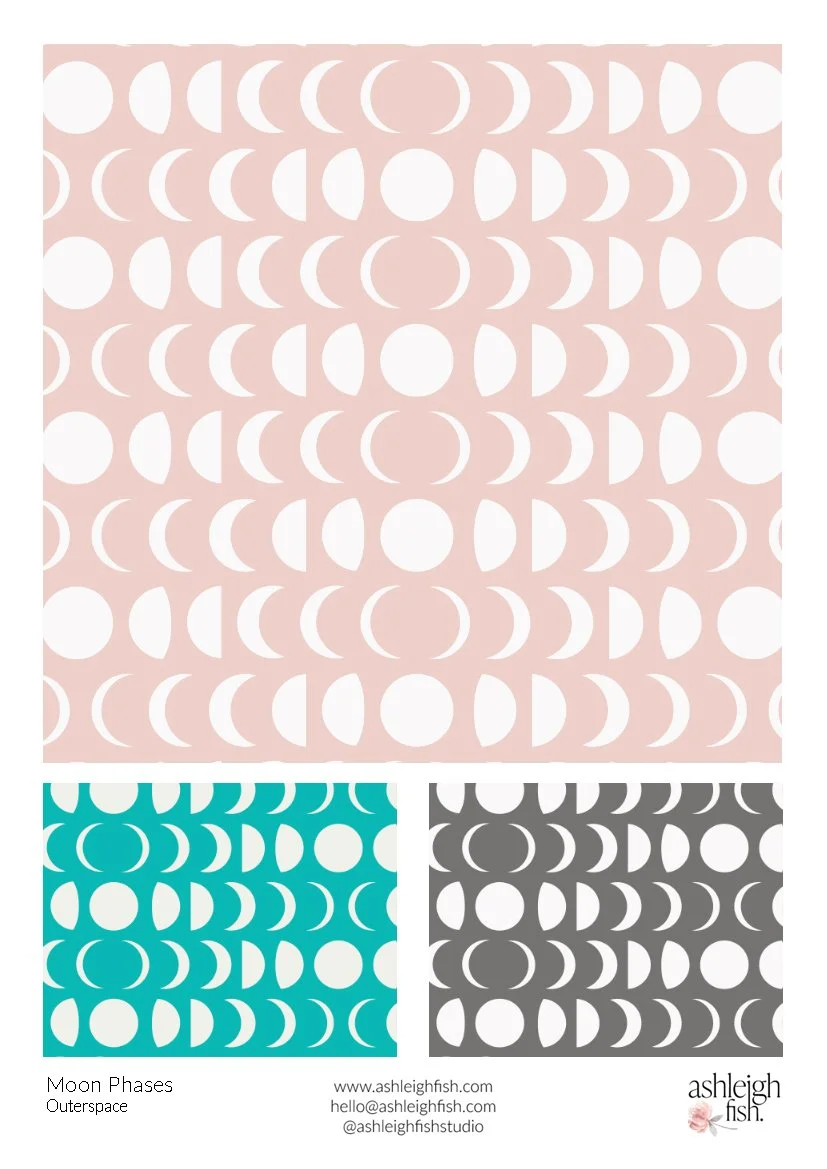 Patterns of moon phases in pink, teal, and gray color schemes.