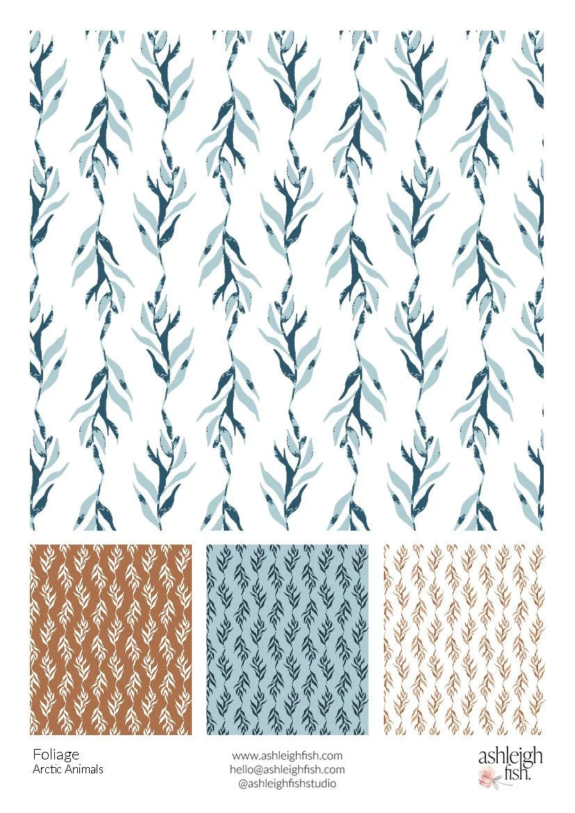 A pattern design featuring vertical blue and white foliage on a white background, with smaller variations in brown and blue squares below, created by Ashleigh Fish.