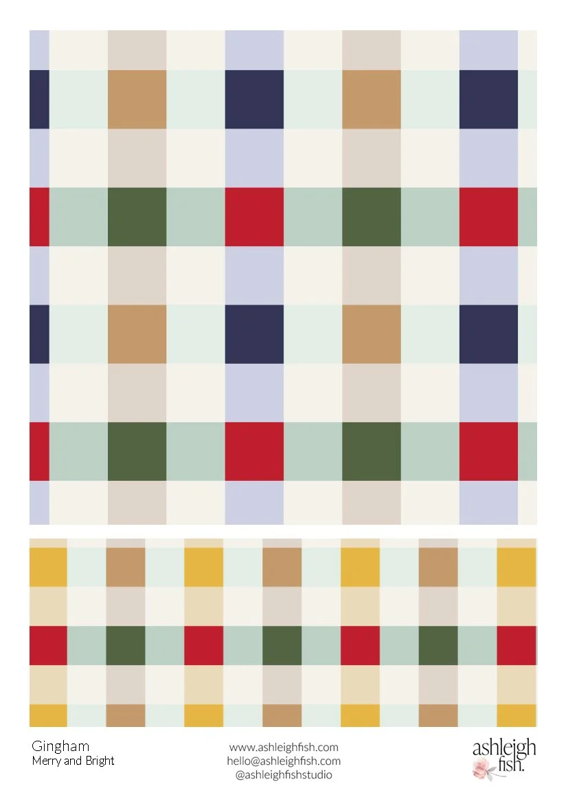 Gingham pattern with multicolored squares featuring red, green, navy, light blue, beige, and yellow. Labeled 'Gingham Merry and Bright' by Ashleigh Fish, with contact details included.