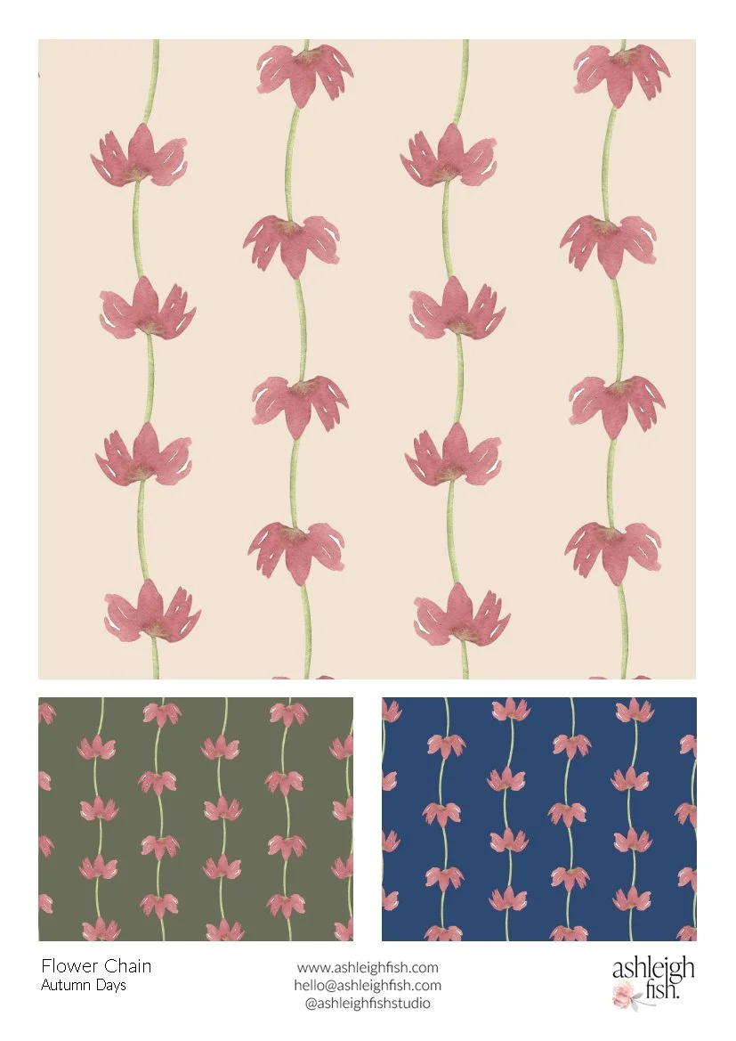Floral pattern design featuring pink flowers on a vine, shown in three color variations: beige, olive green, and navy blue backgrounds. Labeled 'Flower Chain Autumn Days' by Ashleigh Fish.
