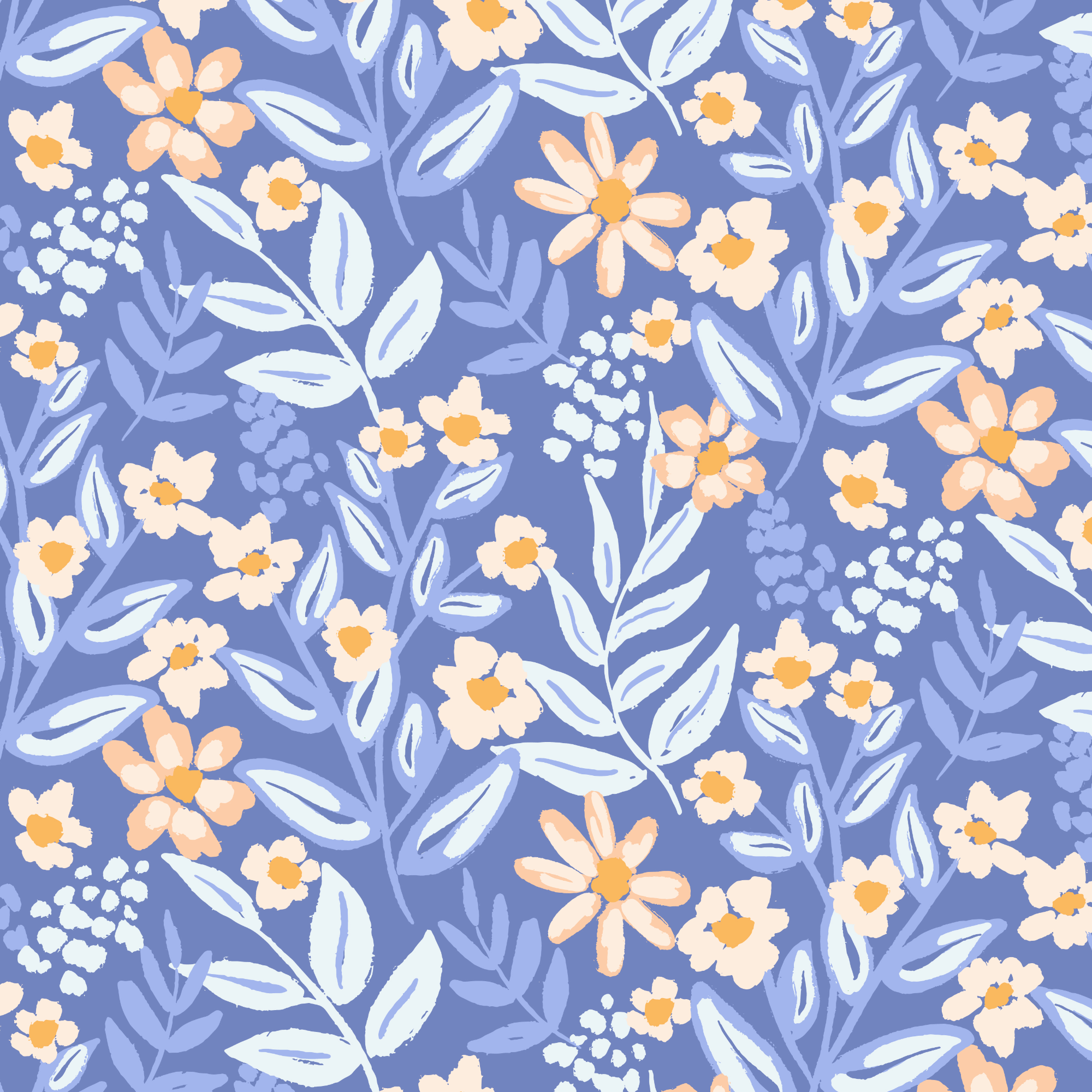 Seamless floral pattern with peach and white flowers on a blue background, featuring various leaves and small blossoms.