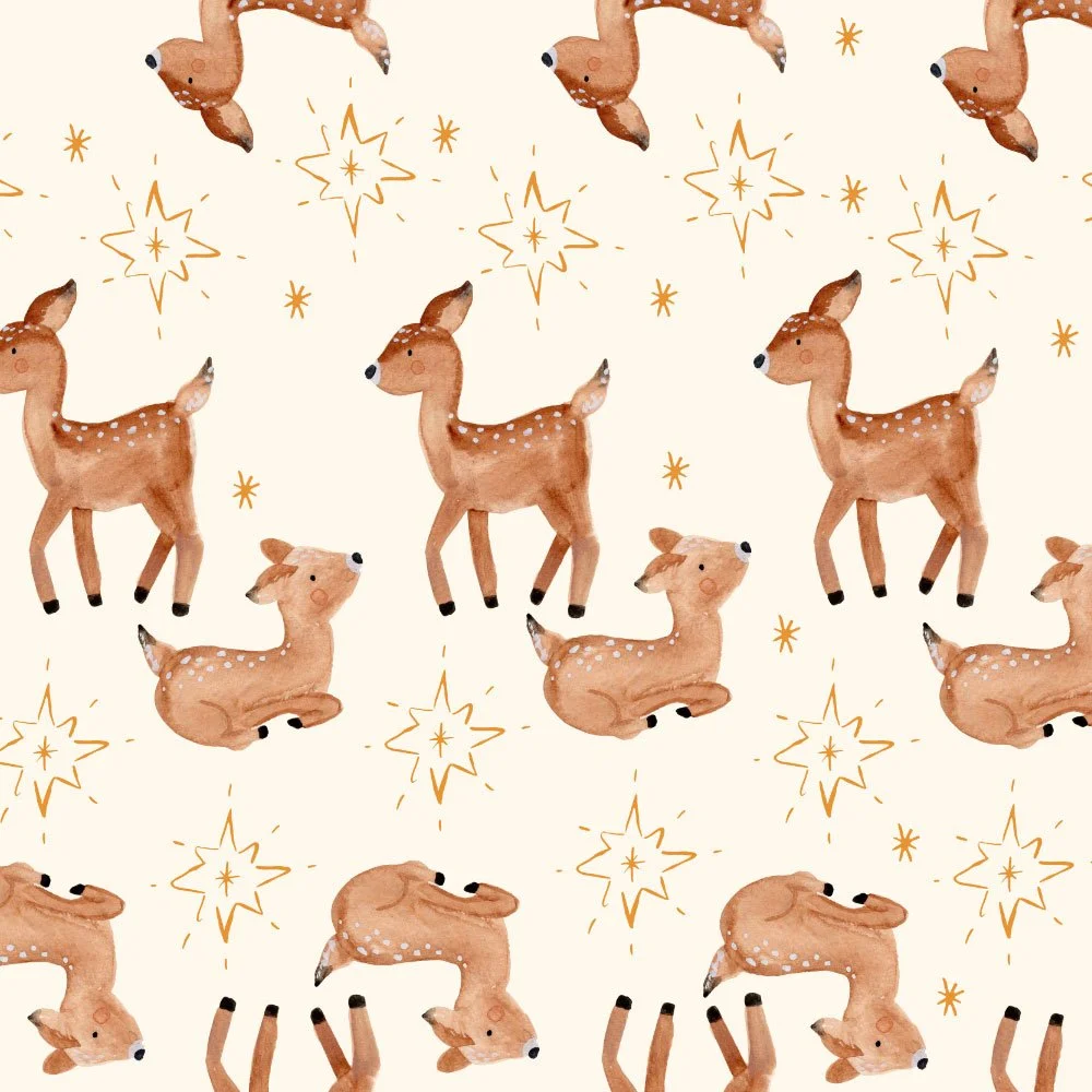 Pattern of cute cartoon fawns with star illustrations on light background