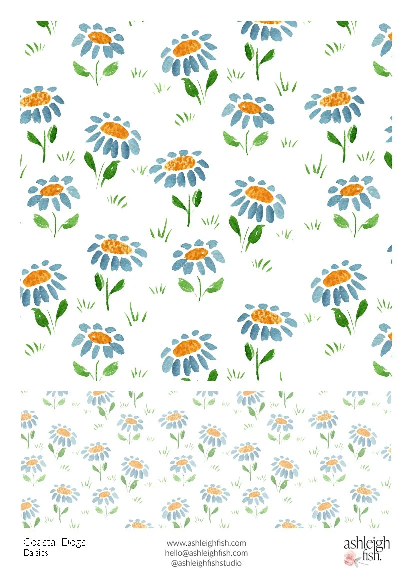 Pattern of watercolor daisies with blue petals and orange centers