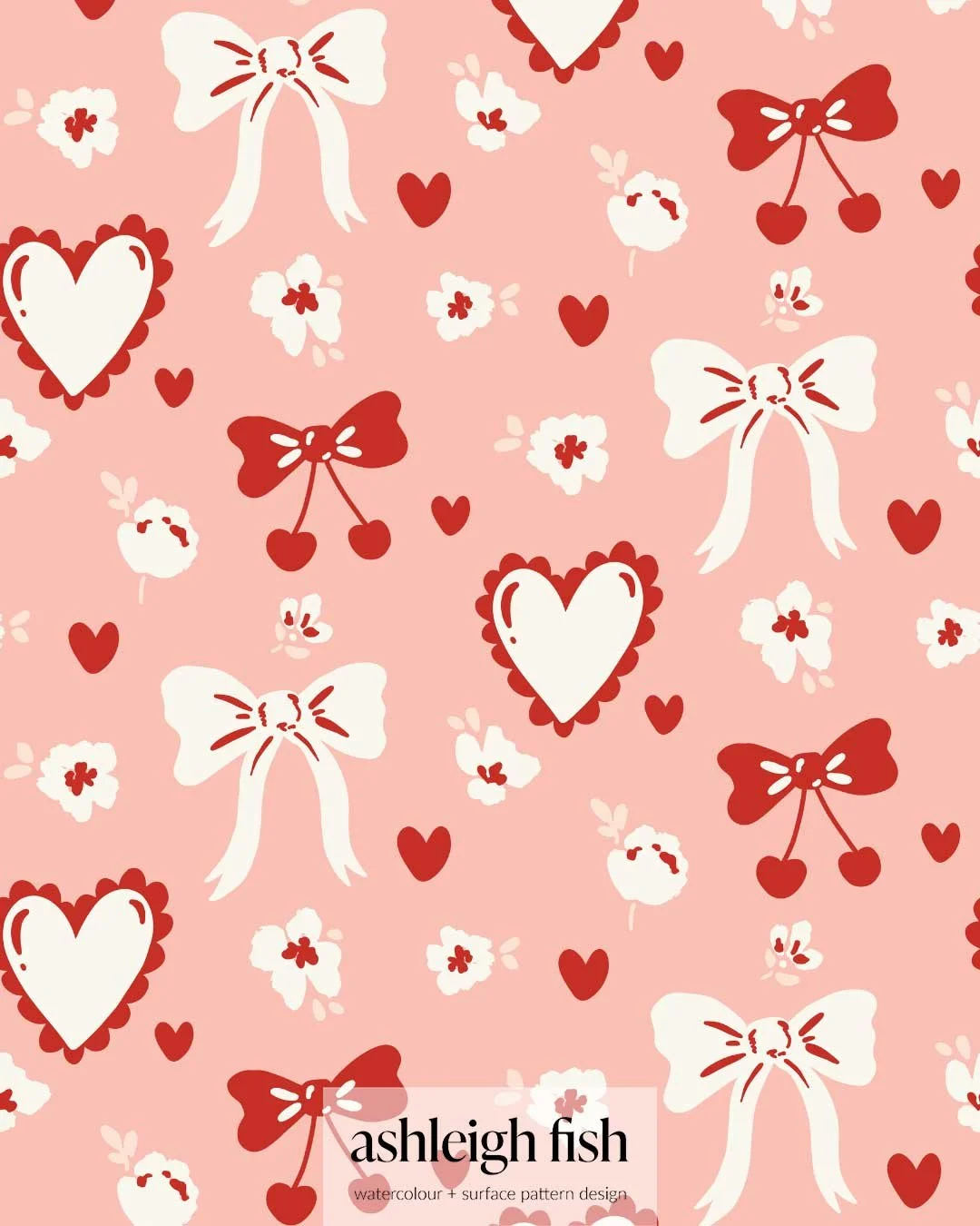 Pattern with red and white hearts, bows, and flowers on a pink background.