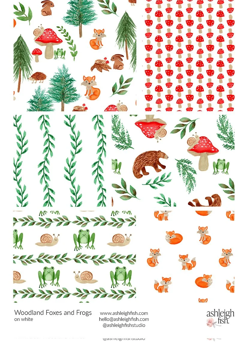 Pattern design featuring woodland animals like foxes, snails, frogs, rabbits, and bears, along with trees, mushrooms, and leaves on a white background.
