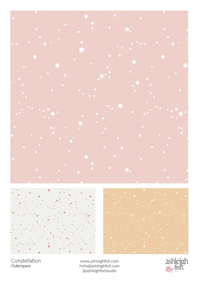 Constellation graphic patterns with dots on pastel backgrounds, including pink, cream, and light orange shades. Contact info for Ashleigh Fish at bottom.