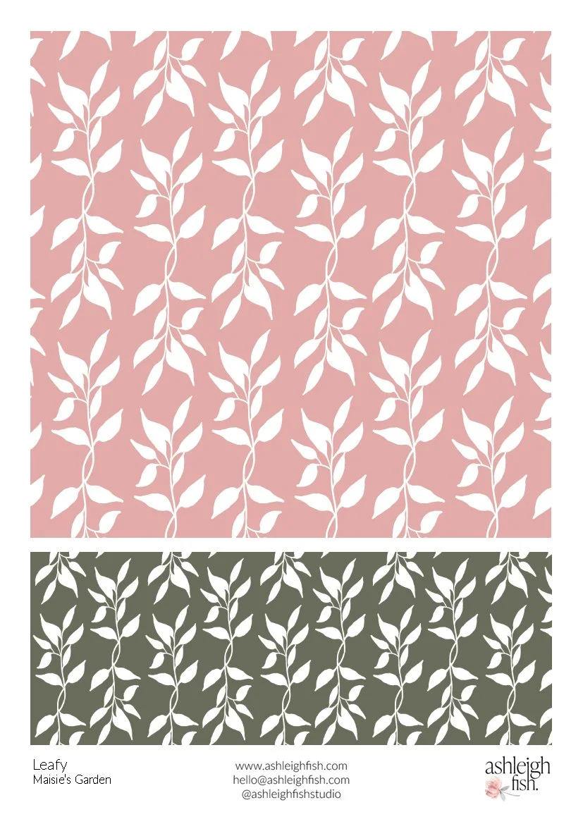 Floral pattern design with white leafy vines on pink and green backgrounds.