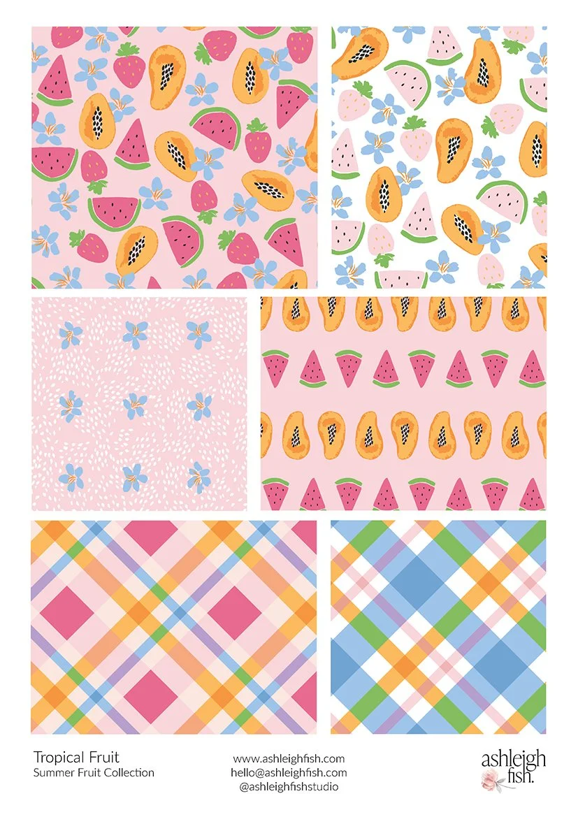 Collection of tropical fruit and floral patterns with watermelon, strawberries, and papaya on pink backgrounds; includes checkered designs in pastel colors.