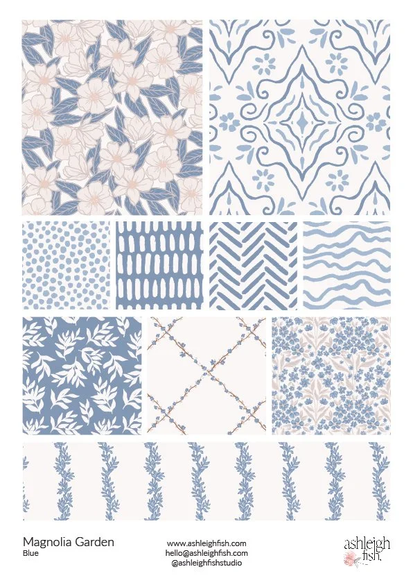 Collection of blue and white floral and geometric patterns by Ashleigh Fish, titled "Magnolia Garden."